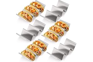 Bekith Soporte para tacos de acero inoxidable, paquete de 6, bandeja de soporte para tacos con asas, hasta 3 tacos cada uno manteniendo las conchas en posición vertical, elegantes soportes para tacos,