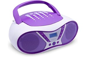 MOOOV 477404 Tragbarer CD-Player mit Radio, USB, Lautsprecher - Mini Kofferradio für Kinder & Senioren, Retro Design, MP3 - Ideal für Küche & Kinderzimmer - Netzbetrieb oder Batterien - Lila