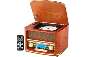Nostalgie Kompaktanlage | Bluetooth | LCD Display | Retro Radio Holz mit CD Player | USB | Musikanlage Retro Style | Stereoanlage | Fernbedienung | Küchenradio | Vintage Optik |