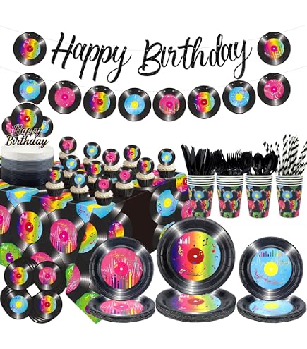 Stoviglie per Feste Discoteca, Include striscioni, piatti, topper per Cupcake, Tovaglioli, Tovaglie, Compleanno Decorazioni Stoviglie 80 Anni 90 Anni Forniture per Feste