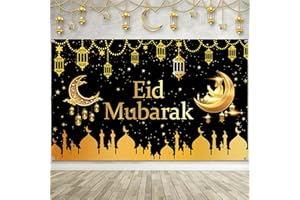 CLOVERCY Eid Mubarak Backdrop Banner Black Gold Eid Mubarak Party Decorations Muslim Prayers Eid Indoor Outdoor al-Fitr Party Background Decorations 70.8 x 43.3In