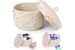 Winter Shore Panier Rangement avec Couvercle - Corbeille Rangement Décorative pour Plantes, Jouets, Bébés, Collations, Linge - Panier en Corde de Coton Tissé - Crème & Points Colorés 16 x 25 cm