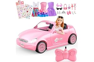 HappyGoLucky Coche Teledirigido para Niñas de 3 4 5 6 7 8 Años - Juguete RC con Muñecas & 3 Trajes, 12 Accesorios + Pegatinas de Unicornio y Corazón para DIY - Regalo Navidad para Niñas 3-12 Años