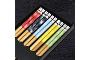 YTZJ DIRECT 5 Pairs Cute Japanese Natural Bamboo Chopsticks with Fortune Panda Pattern Dishwasher Safe, Reusable Non-Slip Chopsticks Gift Set for Asian Dishes Sushi Noodle Rice, Nicely Boxed Chinese Chop Sticks