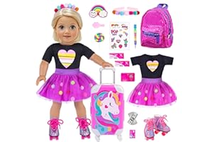 ebuddy 25pcs American 18 inch School Supplies Suitcase Doll Clothes and Accessories Includes Luggage Backbag Skate Shoes Sticker Cash Toys (No Doll)