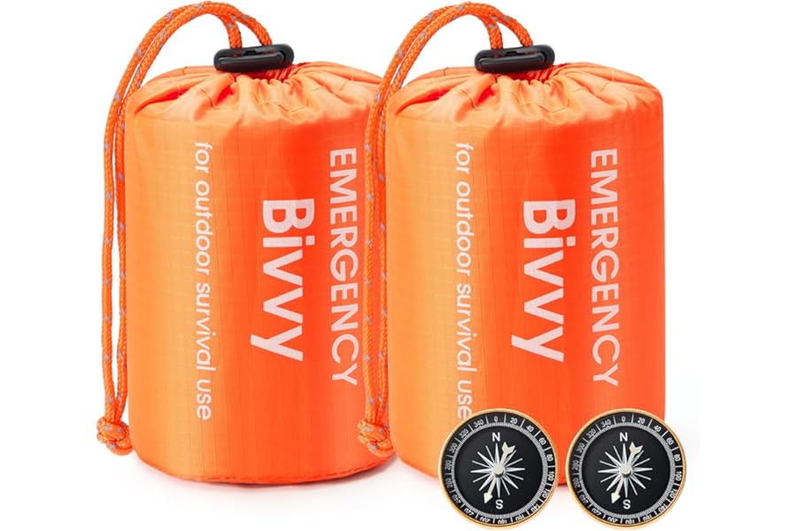 Esky Emergency Sleeping Bag, 2 Pack Survival Bag Portable Thermal Bivy Sack, Waterproof Lightweight Emergency Blanket Survival Gear with Compass for Camping Hiking Outdoor Adventure