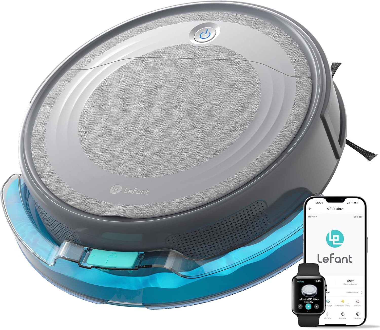 Lefant M310 Ultra Robot Aspirador y Fregasuelos 3 en 1 con Succión de 6000Pa, 170min, Mapeo Láser ToF, Evasión de Obstáculos PSD de 190°, Reconocimiento de Alfombras, WiFi/App/Alexa, Gris