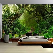 Lieson Natuur bos wandtapijt 350 x 256 cm, wanddoeken, boom, zonsopgang, groen, wandtapijt voor woonkamer, slaapkamer, slaapzaal, wanddecoratie