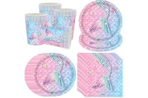 pekifaves Meerjungfrau Partygeschirr Set für 16 Gäste, Meerjungfrau Partyteller Pappteller, Geburtstag Geschirr Kindergeburtstag, Einwegteller Pappbecher Servietten, für Mädchen Kindergeburtstag Deko