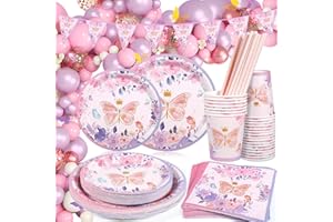 ZHHGOO Schmetterling Partygeschirr Set,126 pcs Geburtstag Party Geschirr, 25 Gäste Schmetterling Teller Set,Geburtstagsdeko Mädchen,Kindergeburtstag,Schmetterling Party Deko