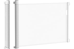 JNGLGO Barriera di sicurezza scala retrattile 0-150 cm barriera di sicurezza avvolgente per neonati e cani, funzionamento a una mano, barriera di protezione per scale/porte/corridoi, bianco