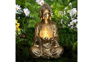 ‎YEOMOO Yeomoo Meditierender Buddha Figur Deko mit Solarlicht,Zen Solargarten groß Buddha mit gesprungener Glaskugel Statue Skulptur-Innen/Draußen Deko für Balkon,Garten,Terrasse,Veranda,Yard Art,26.5cm Gold