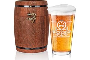 LIGHTEN LIFE Regalos de 40 cumpleaños para hombres, 450 ml, vaso de cerveza de 1985 en caja de barril, vaso de cerveza de 40 cumpleaños, ideas de regalo de 40 cumpleaños, vaso de cerveza de 1985 para