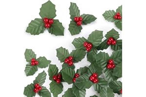 BETESSIN 12 Pcs Christmas Artificial Holly Berries with Green Leaves for Home Christmas Cake Decoration Xmas Tree Ornaments Wreath Making DIY Crafts Supply