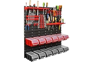 SIMPLETHING Étagère d'atelier | 78 x 78 cm | 12 pièces | Étagère Murale avec Supports à Outils et boîtes empilables – Plaques murales Extra Solides pour Les véhicules Chauds étagère de Rangement Garage (7)