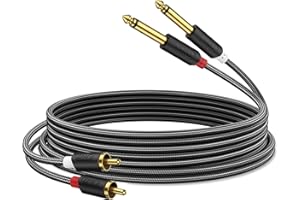 J&D 2 x 6,35 mm a 2 RCA Cavo, Oro-Placcato [Serie AudioWave] 2x 6.35mm (1/4 Pollice) Maschio TS a 2RCA Maschio Mono Cavo Splitter con PVC Sgusciato e Nylon Treccia - 0.9 Meter