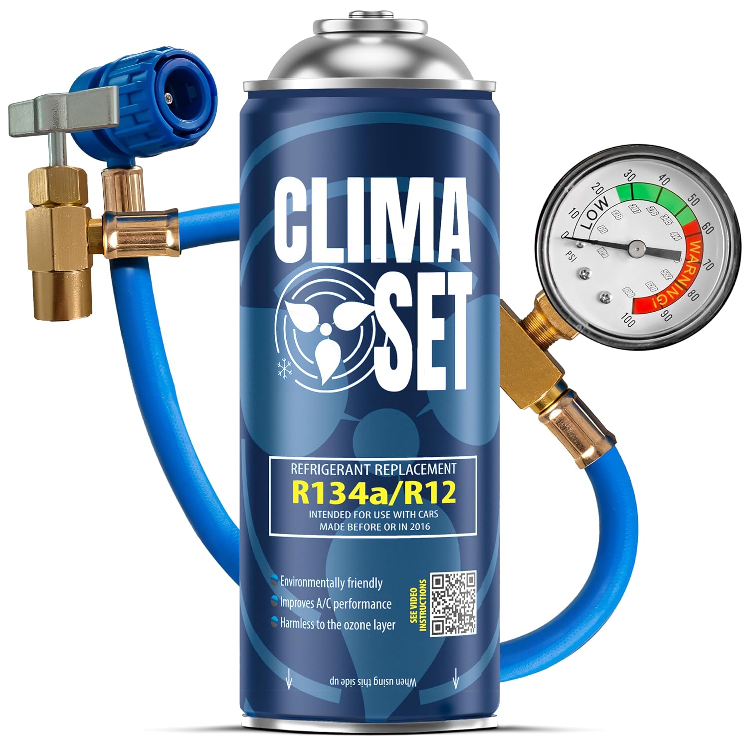Clima Set Refrigerante di ricambio R134a 170 g per climatizzatore auto con tubo gas e manometri condizionatori – kit ricarica clima auto - refrigerante R134a – ECO bombola