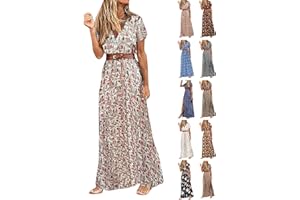 Zhsxertwy Boho Dresses for Women UK V Neck Short Sleeve Ladies Casual Long Beach Sundress with Belt Bohemian Floral High Waist Split Summer Maxi Dress Elegant