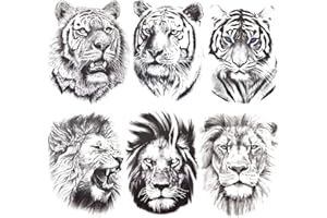 AIYONG 6 Fogli Grande Tatuaggi Temporanei per Uomini Donne, Impermeabile Realistico Tatuaggio Temporaneo Adesivi, Leone Tigre Tatuaggi Finti per Adulti Spalla Collo Mano, Rimovibili Tatuaggi