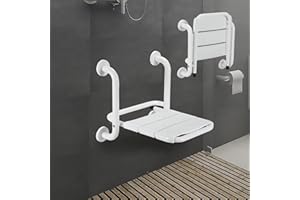 Ansobea Sedia da doccia pieghevole a parete con braccioli, sedile pieghevole per doccia, 120 kg, pieghevole, da parete, per anziani, colore: bianco