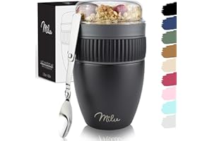 Milu Taza para muesli to go 400ml acero inoxidable I Vaso con 2 Partes para sopas ensaladas Pasta Yogur postres - aso de yogur a prueba de derrames con cuchara (Negro)
