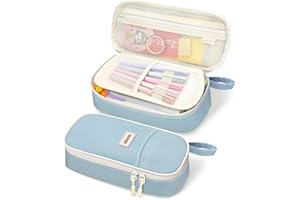 SUNEE Large Capacity Pencil Case with Compartments and Handle, Aesthetic Pen Pouch Organizer, Big Storage Portable Pencil Bag for Girls, Boys, Adults, School and Office Stationery Supplies, Blue