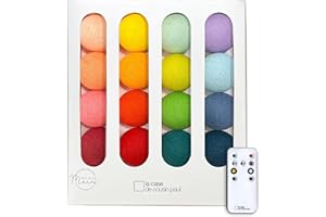 La Case de Cousin Paul Guirlande Lumineuse Chambre Enfant Boules Coton Tissé LED, Télécommande, Programmable, USB, Fabriquée à la Main, Artisanale - 16 Boules (Rainbow)