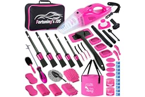 FORTUNING'S JDS 47PCS Car Detailing Kit Interior Cleaner, Car Cleaning Supplies with High Power Car Vacuum Cleaner,Auto Detailing Kit,Car Wash Kit with Bucket Detailing Brush Set, Pink Car Accessories for Women