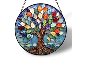 JOALPYSM Hanging Stained Glass Suncatcher, Tree of Life Sun Catcher Glass Panel Boho Wall Art Decor with Chain, Window Wall Hanging Ornament Suncatchers, Hand Painted Round Gifts for Couples