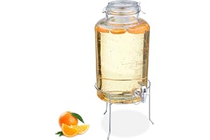 Relaxdays Dryckesdispenser med stativ, limobehållare 8 l, kran, vattendispenser, glas, strykförslutning