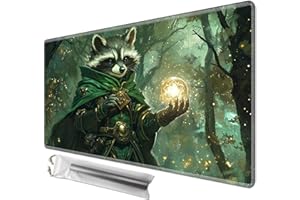 JANENFNA TCG Card Playmat 24" x 14" with Storage Bags for MTG Game Play Mats, Premium Stitched Non-Slip Rubber Tabletop Magic Play Mats Desk Duel Card Breaking Mats, Forest Sorcerer Raccoon