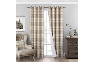 always4u 100% Blackout Curtains Check Eyelet Curtain Bedroom Plaid Woven Brushed Cheque Pair of Highland Woolen Look Window Treatment for Living Room Beige 90 * 90 Inches