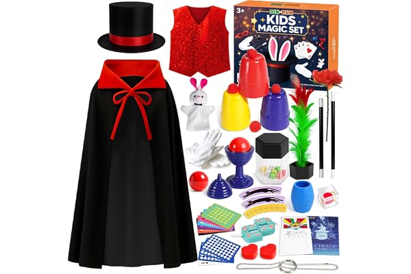 DINORUN Magie Jeux-Coffret Magie Enfant avec Chapeau Magique & Instructions & Déguisement de Magicien pour Enfants – Jeu de Rôle, Cadeaux Enfant 6 7 8 9 10 11 12 Ans