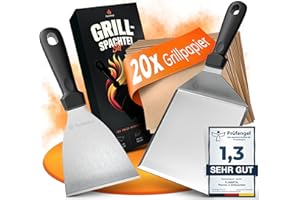 flammtal [Das Original] - Smash Burger Set mit 20x Burgerpapier - Grillspachtel Set aus Edelstahl - Hochwertiger Plancha Spachtel - Spülmaschinengeeignete Grill Spachtel für Teppanyaki - Grill Zubehör