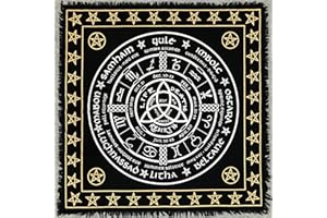 THE ART BOX Altare di stoffa Tarocchi Tovaglioli Accessori per stregoneria Oro nero Tovaglia quadrata, spirituale, panno celeste con frange, ruota pagana Triquetra, 91x91 cm