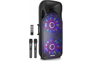 Fenton FT215LED Altoparlante Attivo - Woofer2 x 15", Potenza in Uscita: 1600 W, Bluetooth/USB/SD/MP3 /AUX-In/Guitar-In, LED Show nel Woofer, Batteria, Telecomando, 2 x Microfono UHF