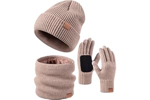 FISFET Mens Womens Hat Scarf Gloves Set, Knit Lined Warm Winter Touch Screen Gloves Beanie Hat Neck Warmer Snood for Cold Weather, Fashion 3 in 1 Winter Warm Gift Set
