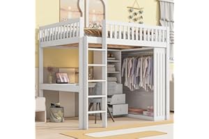 KECDUEY Letto a soppalco, struttura per letto per bambini, 140x200cm, lett in legno con scrivania, armadio, 3 cassetti, letto per ragazzi con spazio di archiviazione aperto, ringhiera, scale, senza mat