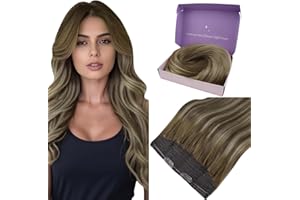 Fshine Extensiones Hilo Invisible Pelo Natural 40CM 80g Extensions Cabello Natural Lacio Pelo Marrón Oscuro con Marrón Medio y ubio Medio Extensiones Hilo de Cabello Remy Color 3 8 22