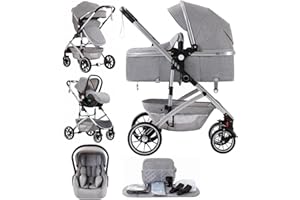 Lnhcrbs Cochecito de Bebé 3 en 1, Cochecito Plegable en Un Clic, Stroller Alto con Amplio Pram (38.5cm), Modo Pushchair y Silla, Se Puede Bloquear las Ruedas Delanteras, Hasta 22kg, 0-4 Años