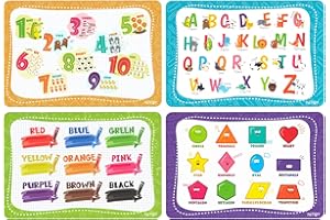NiBaby Educational Placemats for Kids - Reusable Wipeable ABC Color Number Shape Learning Set of 4