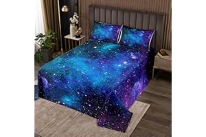 TBRAND Kinder Tagesdecke Galaxie Sternenhimmel Bettüberwurf für Jungen Mädchen Weich Atmungsaktiv Microfaser 240x260cm Steppdecke mit 2 Kissenbezug 80x80 cm Lila Blau