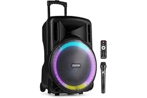 Fenton FT15LED MK2 - Altavoz Activo portatil, 15” 800W Bluetooth, USB, SD, micrófono inalámbrico UHF, Woofer LED, batería, Entrada aux, Talkover, Control Remoto, Trolley, emparejamiento estéreo