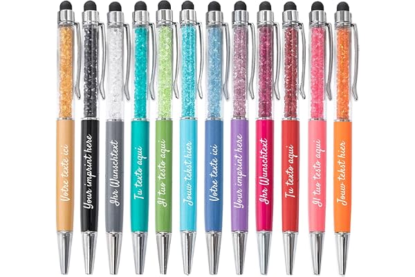 Jolis Papiers – Lot de 12 Stylos bille personnalisés avec gravure texte ou logo – Cristaux intégrés – Stylet tactile – Cadeau entreprise, événements, publicité – Marque française