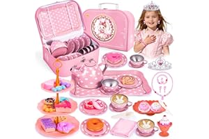 Hohosunlar Kids Tea Party Set for Little Girls, Princess Tea Time Toy for Toddler, Tin Tea Set Tea Cups Teapot Dessert Kitchen Pretend Play with Carrying Case, Easter Birthday Gift for Girls Age 3-8