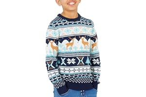 NOROZE Kids Unisex Festive Christmas Jumper – Reindeer Moose Fair Isle with Baubles Stockings & Santa Christmas Tree Snowflakes, Soft Nordic Winter Knit Sweater for Girls & Boys Holiday Xmas Jumper