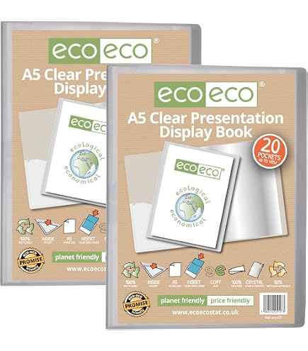 Eco-eco A5 60-Pocket Display Book, Pack Of 2 – 50% Recycled, Fold Flat Spiral Bound For Presentation