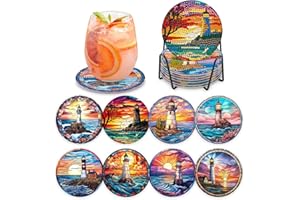 MOGTAA Peinture Diamant Dessous de Verre, 8PCS Kit Diamond Painting Phare, DIY Paysage sous-Verres Art de Diamant avec Support, Kits de Peinture Diamant pour Adulte Enfants