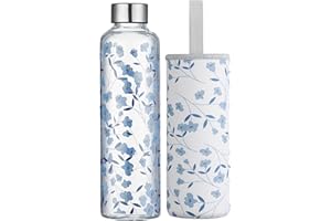 Autsel Szklana butelka na wodę, 1000 ml, artystyczna szklana butelka do picia z pokrywką, szczelna, borokrzemowa butelka na wodę z rękawem ochronnym, doskonałe prezenty dla dziewcząt i kobiet