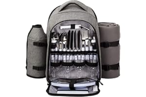 Hap Tim Picknickrucksack 4 Personen Picknickset mit Kühlfach, abnehmbarem Flaschen-/Weinhalter, Fleece-Decke, Teller und Besteck-Set, perfekt für Outdoor, Sport, Wandern, Camping, Grillen (EU-3263)